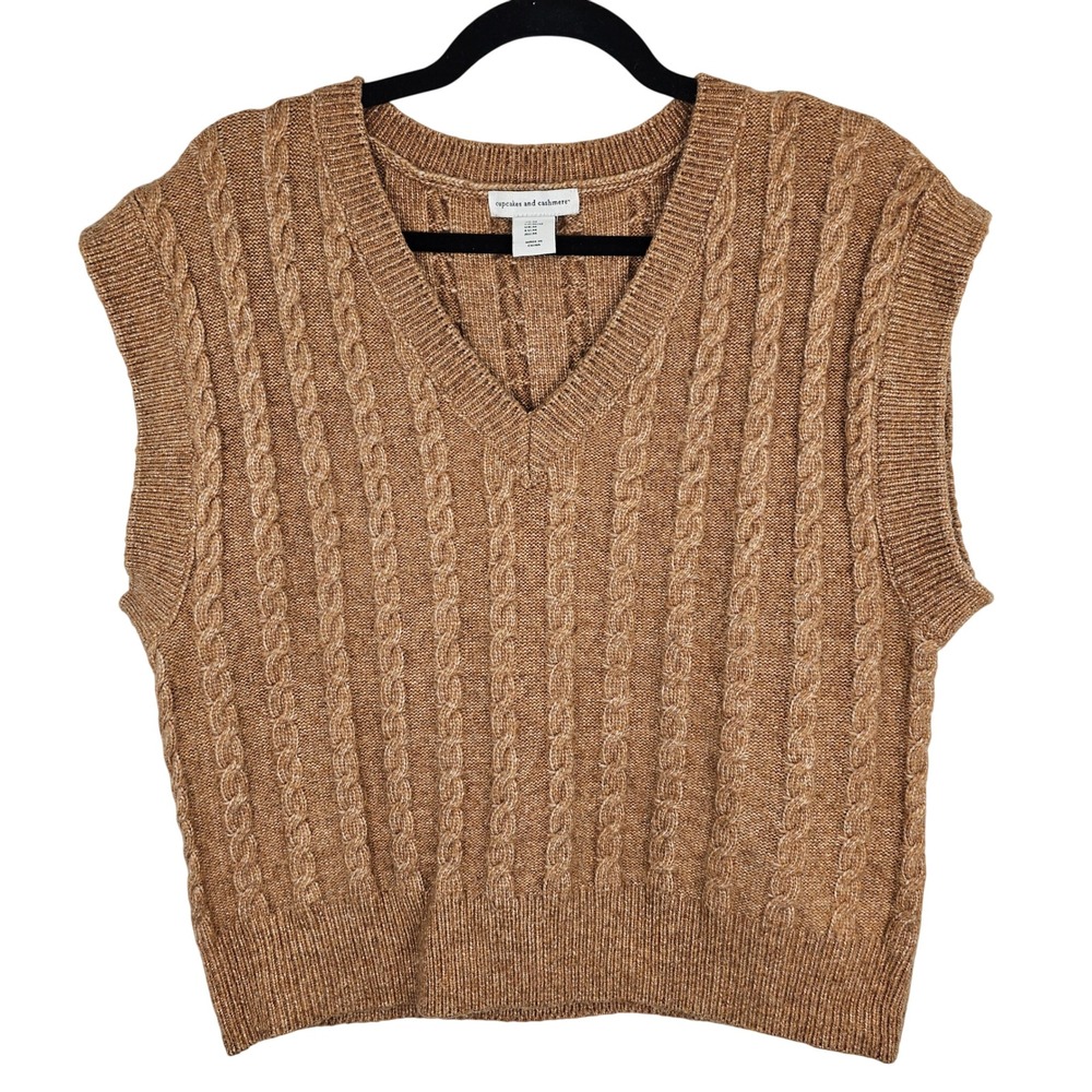Cupcakes and Cashmere Cable Knit V Neck Sleeveless‎ Sweater Vest Tan Medium